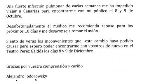 Imagen noticia - COMUNICADO DE ALEJANDRO JODOROWSKY: cancelación espectáculo